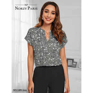 Chemisier en coton plissé à imprimé floral pour femme pour le travail, le bureau, la fête, gris Taille L(42) - Product Image 3