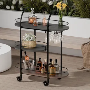 Modern Metal Storage Organizer Trolley with Powder Coated Finish <b>Black</b> Frame and Wooden Shelf - Product Image 5