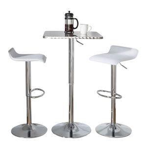 Set da Bar Contemporaneo a 3 Pezzi Regolabile, Tavolo Quadrato e 2 Sgabelli con Poggiapiedi Ovale in PVC Bianco, Struttura in Metallo Cromato Argento, Arredamento Bar Moderno - Product Image 2