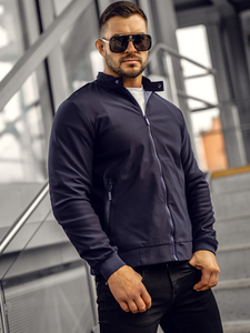 Men's Navy Blue Stand Collar Bomber <b>Jacket</b> Zipper Closure Casual Windproof Polyester Slim Fit Autumn Wear - Product Image 1