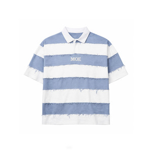 Men's shirts Distressed Short Sleeve Rugby Polo Blue White Striped Deconstructed Streetwear Oversized <b>Hip</b> Hop Summer T-shirt OEM - Product Image 2