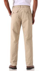 Pantalon décontracté kaki pour homme, taille élastique, coupe droite, en toile de coton, devant plat avec poches, style été, poids moyen 2027 - Product Image 3