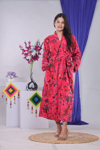 Kimono de Terciopelo Talla Grande con Estampado de Pájaros Rosados, Bata de Novia Ecológica Informal para Mujer, Bata de Novia de Algodón y Terciopelo - Product Image 2