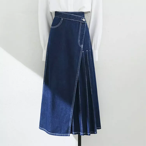 Fashion <b>Patchwork</b> Long Blue Jean <b>Skirts</b> for Women Denim Dresses Half Pleated <b>Skirt</b> Pure Color Denim <b>Skirt</b> With Accordion Pleats - Product Image 3
