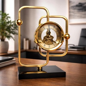 Geometric Brass Desk <b>Clock</b> Mechanical Movement Silent Contemporary Design Decorative Timepiece for Living Room <b>Table</b> And Bedroom - Product Image 6