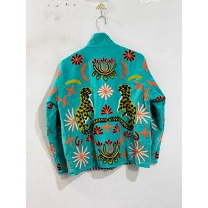 Unique Design Hand Embroidered Floral Pattern Full Sleeve Autumn <b>Women's</b> Coat Turquoise <b>Velvet</b> Mandarin Collar <b>Jacket</b> - Product Image 2