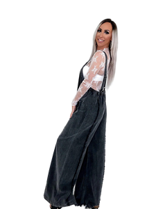 Women's Light Blue Denim Overalls High Waist Wide Leg Loose Fit Sleeveless Casual Summer <b>Jumpsuit</b> With Lace Trim - Product Image 2