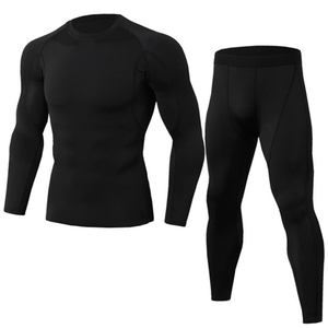 Men's Black Full <b>Sleeve</b> Compression Set Crew Neck <b>Long</b> <b>Sleeve</b> <b>Top</b> And Full Length Pants Quick Dry Breathable Sporty Fit - Product Image 1