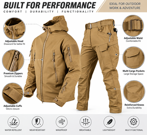 Ensemble veste softshell et pantalon cargo pour homme, idéal pour la randonnée, le trekking, imperméable, coupe-vent, vêtements de travail utilitaires, veste avec poche zippée - Product Image 3