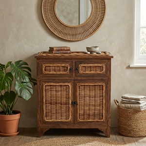 New Modern Minimalist Maluku Wooden Storage <b>Cabinet</b> Natural Rattan Wicker 2 <b>Small</b> Doors 2 Large Doors Side Table Unit Living Bed - Product Image 3