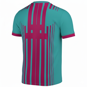 เสื้อฟุตบอลชายสีเขียวอมฟ้าและชมพูลายทางแบบซับลิเมชั่น แขนสั้น คอวี ระบายเหงื่อได้ดี ผลิตจากโพลีเอสเตอร์ สำหรับออกกำลังกาย - Product Image 3