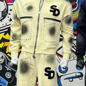 Stoopid Men's Hooded Tracksuit <b>Set</b> Yellow Black Letter Print <b>Knitted</b> Streetwear Autumn Full Zip Sweatshirt Pants - Product Image 3