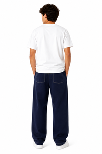 Mens <b>Wide</b> <b>Leg</b> Jogger Pants Casual <b>Navy</b> <b>Blue</b> <b>Trousers</b> with Contrast Stitching Comfortable Relaxed Fit Bottom Wear Elastic Waist - Product Image 3
