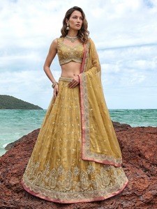 Ensemble Lehenga Choli Dupatta en coton et fibre de bambou brodé rose, 2 pièces, séchage rapide, tenue ethnique pour femmes, mariage, fête, Inde - Product Image 3