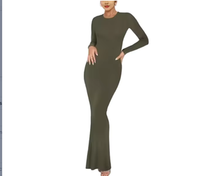 Elegante Vestido Maxi Ceñido de Manga Larga Verde Oliva con Cuello Redondo, Tejido, Largo hasta el Suelo, con Dobladillo Acampanado, Ideal para Fiestas - Product Image 3