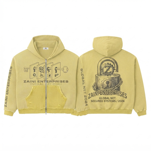เสื้อฮู้ดซิปผู้ชาย ผ้าโพลีเอสเตอร์/คอตตอน เฟรนช์เทอร์รี่ 350gsm หนานุ่ม ซักแบบวินเทจ สีกากี สกรีนลายปักแบบกำหนดเอง รับผลิตแบบ OEM - Product Image 1