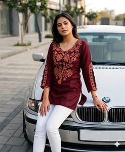 Trendy Maroon Embroidered Cotton Short Kurti Loose Fit Midi Traditional <b>Indian</b> Pakistani Casual <b>Top</b> Daily Wear Tunic Collections - Product Image 1