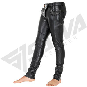 Men's Black Leather Waterproof Midweight Moto Pants Mid Waist Drawstring Fly Straight Fit <b>Winter</b> Casual Side Pockets High - Product Image 2