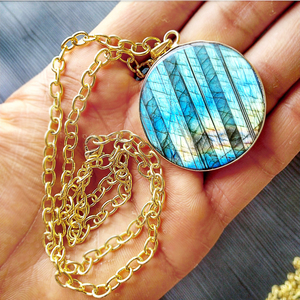 Labradorite Bezel <b>Necklace</b> Natural Gemstone Gold Silver Plated Round Pendant | Multi Flash Handmade Jewelry Wholesale India Bulk - Product Image 1