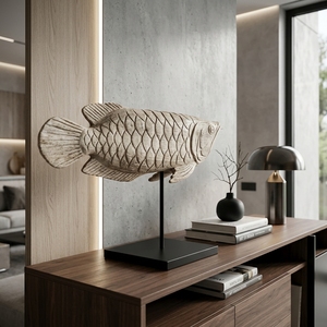 Kerapu Fish Stand Handcrafted <b>Wooden</b> Fish Sculpture <b>Rustic</b> Coastal Tabletop Decorative Artwork Metal Stand Home Decor Accent - Product Image 3