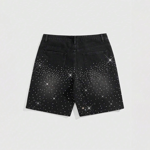 Shorts Bermuda en jean tissé pour homme, ornés de strass et de sequins, à motif croisé, taille mi-haute, style urbain - Product Image 2