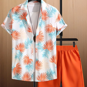 <b>Men's</b> Casual Suit Set <b>Short</b> Sleeve Shirt Printed <b>Shorts</b> Fashionable Solid Color Stiff Fabric <b>Patch</b> 100% Cotton Quick Dry - Product Image 1