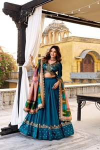 Green Vichitra Silk Digital Printed Embroidered <b>Lehenga</b> Choli Set Orange Dupatta for <b>Women</b> Traditional Indian Wedding Wear - Product Image 3
