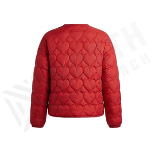 Red Quilted Heart Pattern Jacket Full Sleeve O-Neck Button Closure Women's Autumn Wear - Product Image 2