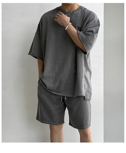 High Quality Breathable Quick Dry Men's <b>Polyester</b>/Cotton Blend Hip Hop Acid Wash Summer T Shirts Jogger Running <b>Shorts</b> Set Two - Product Image 2