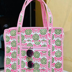 Soft Padded Cotton Tote <b>Bag</b> With Vintage Style Floral Hand Block Printing Created For Stylish Practical And Reusable Everyday - Product Image 1