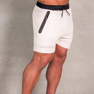 Pantalones cortos de gimnasio ajustados personalizados Ropa deportiva blanca para hombre con cordón negro y bolsillos con cremallera Pantalones cortos de entrenamiento de fitness elásticos - Product Image 6