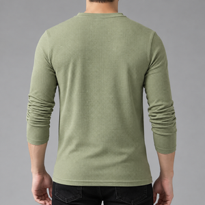 Men's <b>Olive</b> <b>Green</b> Long Sleeve Waffle Knit Henley <b>Shirt</b> Solid O Neck Casual Tee 100% Cotton Premium Quality Men <b>T</b> <b>Shirt</b> - Product Image 5
