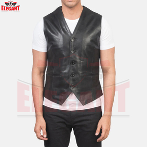 Open Front Black <b>Mens</b> <b>Leather</b> Vest with Asymmetric Button Detailing Deep V Shape Slim Panels <b>Side</b> Welt Pockets - Product Image 3