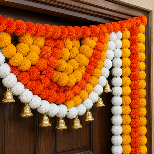 Orange Yellow White Marigold Garland Toran with Golden Bells and Ganesha Idol Decorative Entrance Set for Festival Decor - Product Image 3