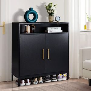Meuble à chaussures FCH à double porte 6 niveaux 80*38*90cm Noir avec pieds hauts et éclairage LED en panneau de particules – Élégant range-chaussures - Product Image 1