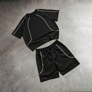 Custom Streetwear Manufacturer Boxy Stripe 100% Cotton <b>Tshirt</b> Set Men's Baggy Blank Heavyweight T-shirt and Short Set - Product Image 1