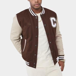 Custom Logo Men Vintage Varsity Jacket <b>Brown</b> <b>Fleece</b> Contrast Sleeve Letterman Baseball Bomber Jacket with Towel Letter Patch - Product Image 2