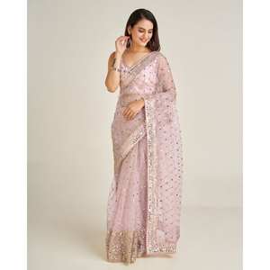 Sari de mariage rose FB Designer, taille M, pour les fêtes, avec des sequins et des broderies Dori - Product Image 3