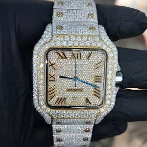 Reloj Cuadrado de Lujo en Dos Tonos de Oro con Incrustaciones de Diamantes Moissanite, Esfera con Números Romanos, Brazalete de Acero, Reloj para Hombre - Product Image 1