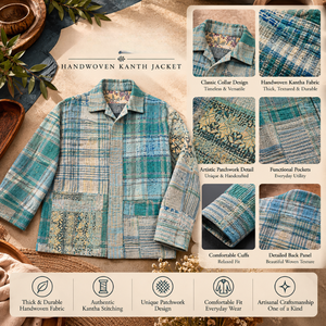 Chaqueta Artesanal de Patchwork Kantha Tejida a Mano para Mujer |   Abrigo Acolchado de Algodón Grueso con Textura, Manga Larga, Cuello y Bolsillos Delanteros - Product Image 4