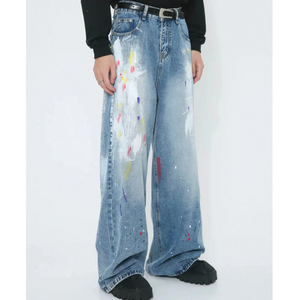 Jean en denim à jambe large, taille haute, coupe ample, délavé, peint à la main, style streetwear, en coton, pantalon tendance printemps - Product Image 6