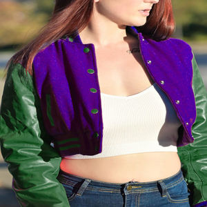 Veste courte universitaire pour femme, style Letterman, veste bomber, manches en similicuir, vêtements d'extérieur décontractés, mode féminine, violet et vert - Product Image 1