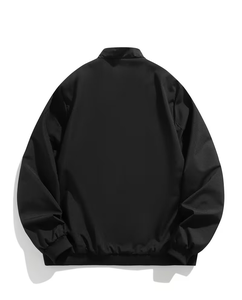Men's Black Bomber Jacket Solid Color Zipper Closure Stand Collar Casual Windproof Polyester Autumn Wear - Product Image 2