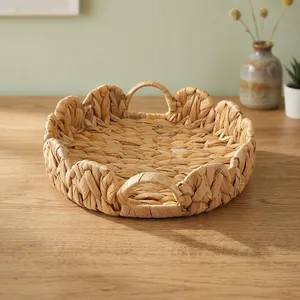 Handwoven Natural Seagrass Serving <b>Tray</b> with Handles Round Wicker Basket <b>Tray</b> for Home Kitchen Coffee Table Decor - Product Image 6