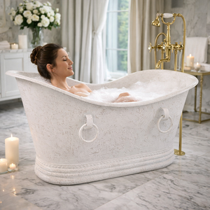 Bañera independiente de lujo blanca con acabado texturizado vintage, bañera profunda para baño moderno, hotel, villa, resort y spa - Product Image 1