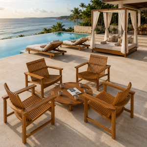 Ensemble de chaises longues d'extérieur en teck moderne avec table basse pour une relaxation luxueuse dans les resorts, les patios, les jardins et au bord de la piscine - Product Image 5