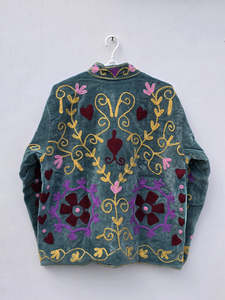 Women's Teal Blue Velvet Suzani Embroidered <b>Reversible</b> <b>Jacket</b> Full Sleeves Handmade Boho Ethnic Fashion Outerwear - Product Image 3