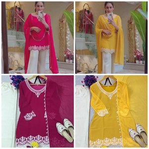 Conjunto de Kurti y Palazzo de Georgette Sintética de Diseño con Palazzo de Seda Chinon Bordado y Dupatta de Encaje Kodi de Cuatro Lados, Ropa al por Mayor - Product Image 2