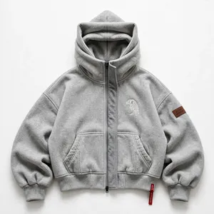 Sweat-shirt à capuche zippé gris surdimensionné pour homme avec logo aigle brodé et détails en patch, style streetwear décontracté - Product Image 1