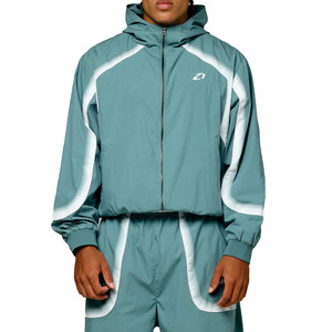 Custom <b>Men</b>’s Teal & <b>White</b> Windbreaker <b>Jacket</b> Streetwear Waterproof Design Zip up Heat Reactive Windbreaker <b>Jacket</b> Bulk Supplier - Product Image 1